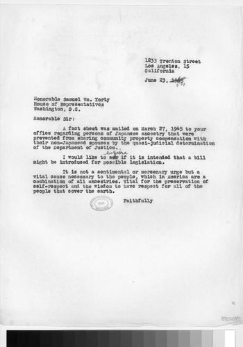 Letter, 1954 June 23, to Honorable Samuel Wm. Yorty, Washington, D.C