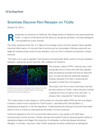 Scientists Discover Pain Receptor on T-Cells