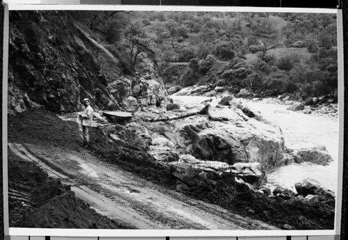 Middle Fork Kaweah River, Tulare County. Flood and Storm Damage. Hwy 198 at Pumpkin Hollow Curve. Results of storm and flood of Dec 1955. NPS Individuals - Grady Nunnalee