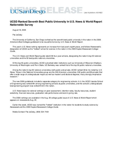UCSD Ranked Seventh Best Public University In U.S. News & World Report Nationwide Survey
