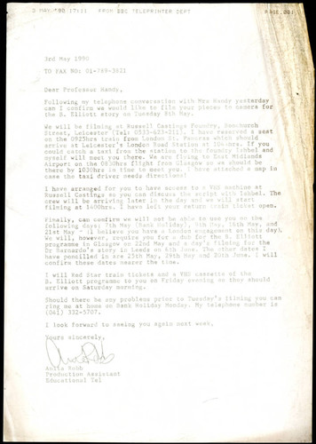 Letter of correspondence to Charles Handy from Anita Robb