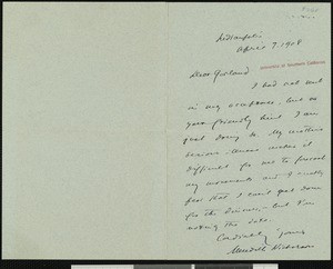 Meredith Nicholson, letter, 1908-04-07, to Hamlin Garland
