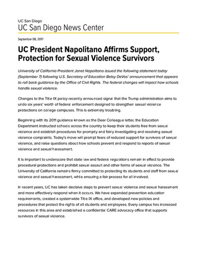 UC President Napolitano Affirms Support, Protection for Sexual Violence Survivors