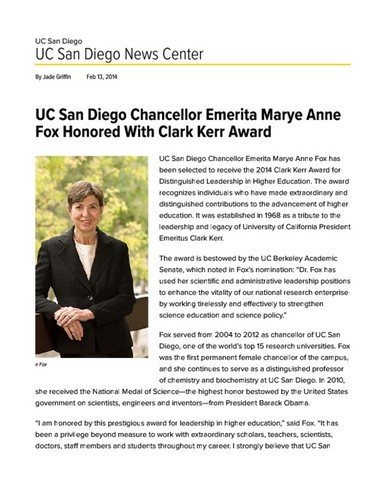 UC San Diego Chancellor Emerita Marye Anne Fox Honored With Clark Kerr Award