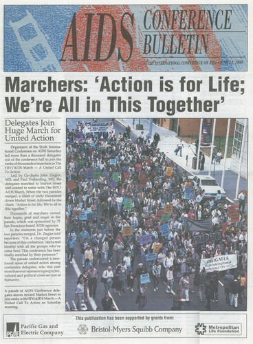 Cover of 1990 AIDS Conference Bulletin with headline "Marchers: ‘Action is for Life: We’re All in This Together’" 