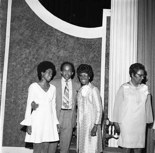 Shirley Chisholm posing with Booker Griffin and Lynette Hewette Griffin, Los Angeles, 1970