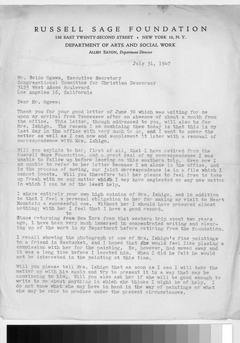 Letter, 1947 July 31, New York, N.Y. to Mr. Seido Ogawa