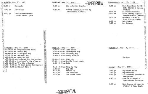 Daily schedule for May 13 - June 9, 1985