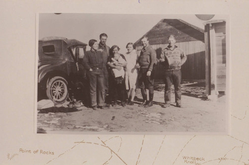 Nequoia Arch Survey, Black Mesa Traverse. Winter. Robbers Roost Headquarters. Hazel Biddlecome, Harold Ekker, Millie Biddlecome (with whose baby?), Ted Crum, Arthur Ekker, Pearl Biddlecome next to Millie