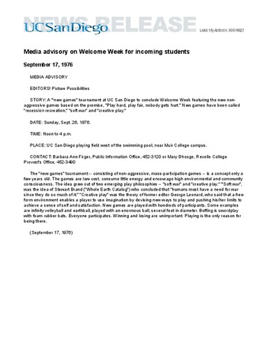 Media advisory on Welcome Week for incoming students