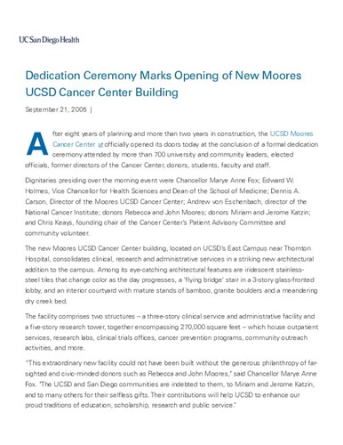 Dedication Ceremony Marks Opening of New Moores UCSD Cancer Center Building