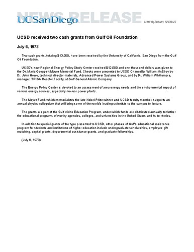 UCSD received two cash grants from Gulf Oil Foundation