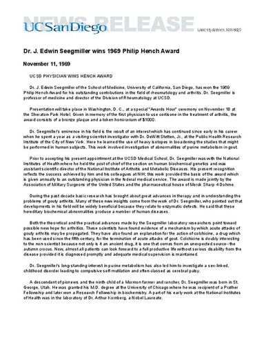 Dr. J. Edwin Seegmiller wins 1969 Philip Hench Award