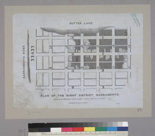 Plan of the Burnt District, Sacramento, Showing the Buildings which escaped