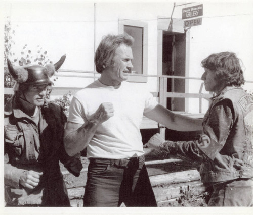 Bill McKinney, Clint Eastwood, and Chuck Waters rehearsing a fight scene