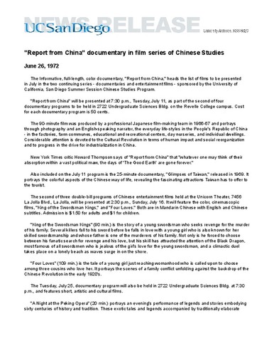 "Report from China" documentary in film series of Chinese Studies