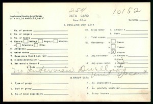 WPA Low income housing area survey data card 254, serial 10152, vacant