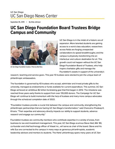 UC San Diego Foundation Board Trustees Bridge Campus and Community