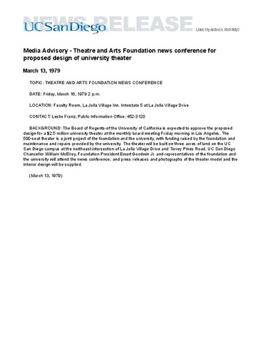 Media Advisory - Theatre and Arts Foundation news conference for proposed design of university theater