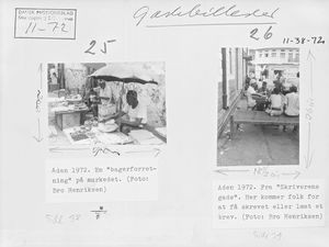 Gadebilleder fra Aden 1972. Et bageriudsalg på markedet og skrivergaden, hvor folk kommer for at få skrevet eller læst et brev