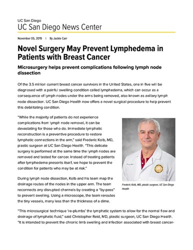 Novel Surgery May Prevent Lymphedema in Patients with Breast Cancer