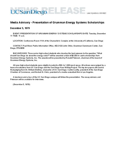 Media Advisory - Presentation of Grumman Energy Systems Scholarships