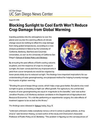 Blocking Sunlight to Cool Earth Won’t Reduce Crop Damage from Global Warming