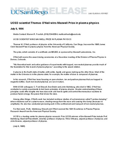 UCSD scientist Thomas O'Neil wins Maxwell Prize in plasma physics