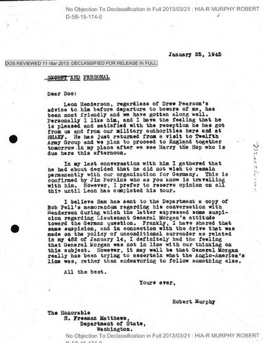 Robert Murphy letter to H. Freeman Matthews regarding Leon Henderson