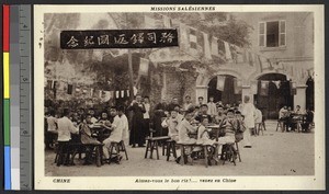 Enjoying a meal at a Salesian mission, China, ca.1920-1940