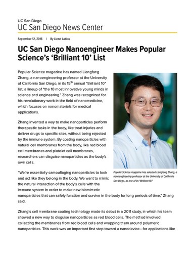 UC San Diego Nanoengineer Makes Popular Science’s ‘Brilliant 10’ List
