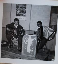 Vern Avila on guitar and Phil Wetch on accordion at a Sebastopol Lions Club event, about 1955