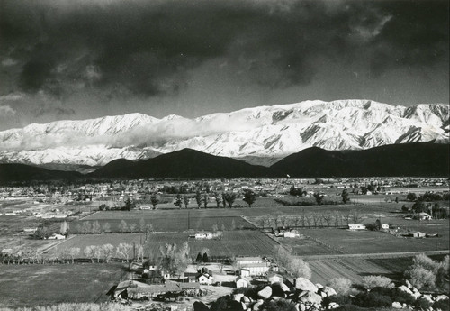Panorama of Banning, California looking north toward snow covered San Bernardino Mountains