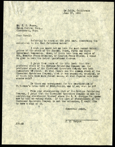 J.C. Harper's Letter to H.E. Neave, 27 June, 1936