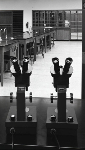 Microscopes in the Science Complex laboratory on Pepperdine University's Malibu campus, circa 1973