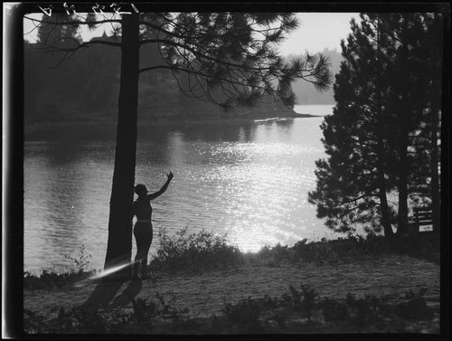 Woman near lake shore, Lake Arrowhead, 1929
