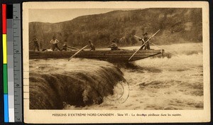 Men guiding a long boat over rapids, Canada, ca.1920-1940