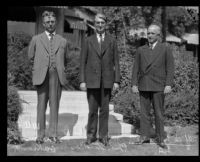 Alfred L. Bartlett, Joseph J. Webb, and Judge William H. Donahue pose for a photograph, Pasadena, 1928