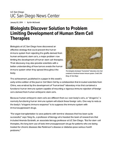 Biologists Discover Solution to Problem Limiting Development of Human Stem Cell Therapies