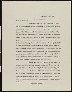 Hamlin Garland, letter, 1927-02-15, to George Horace Lorimer