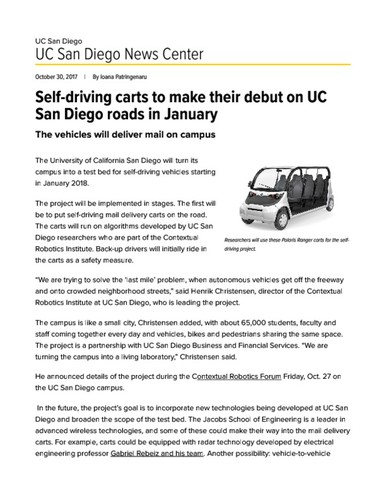 Self-driving carts to make their debut on UC San Diego roads in January
