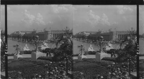 Manufactures and Education Buildings, two of the large exhibit palaces, N.E. from the Cascade Gardens, Louisiana Purchase Exposition