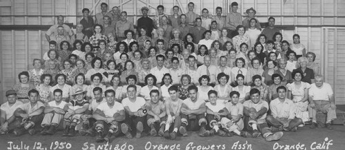 Santiago Orange Growers Association employee group portrait, Orange, California, 1950