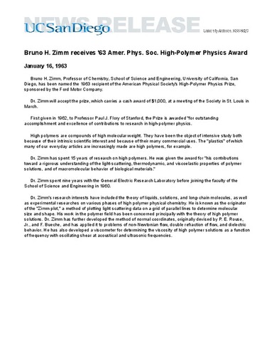 Bruno H. Zimm receives '63 Amer. Phys. Soc. High-Polymer Physics Award