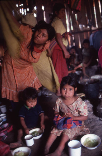 Guatemalan refugee eat soup, Cuauhtémoc, 1983-01