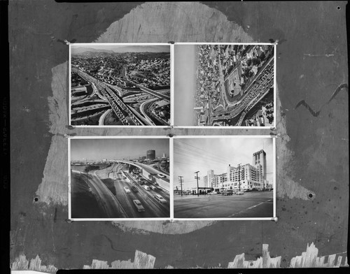 4 photos of Los Angeles freeways and buildings copied on same negative
