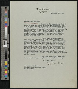 Carl Clinton Van Doren, letter, 1921-11-01, to Hamlin Garland