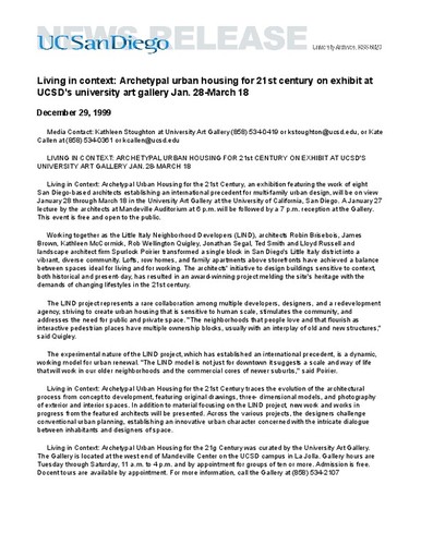 Living in context: Archetypal urban housing for 21st century on exhibit at UCSD's university art gallery Jan. 28-March 18