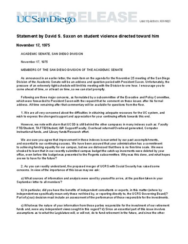 Statement by David S. Saxon on student violence directed toward him