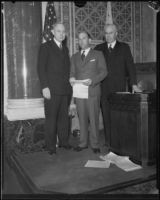 John C. Porter, Eddie Bellande, and Charles Randall in the council chamber, Los Angeles, 1929-1933